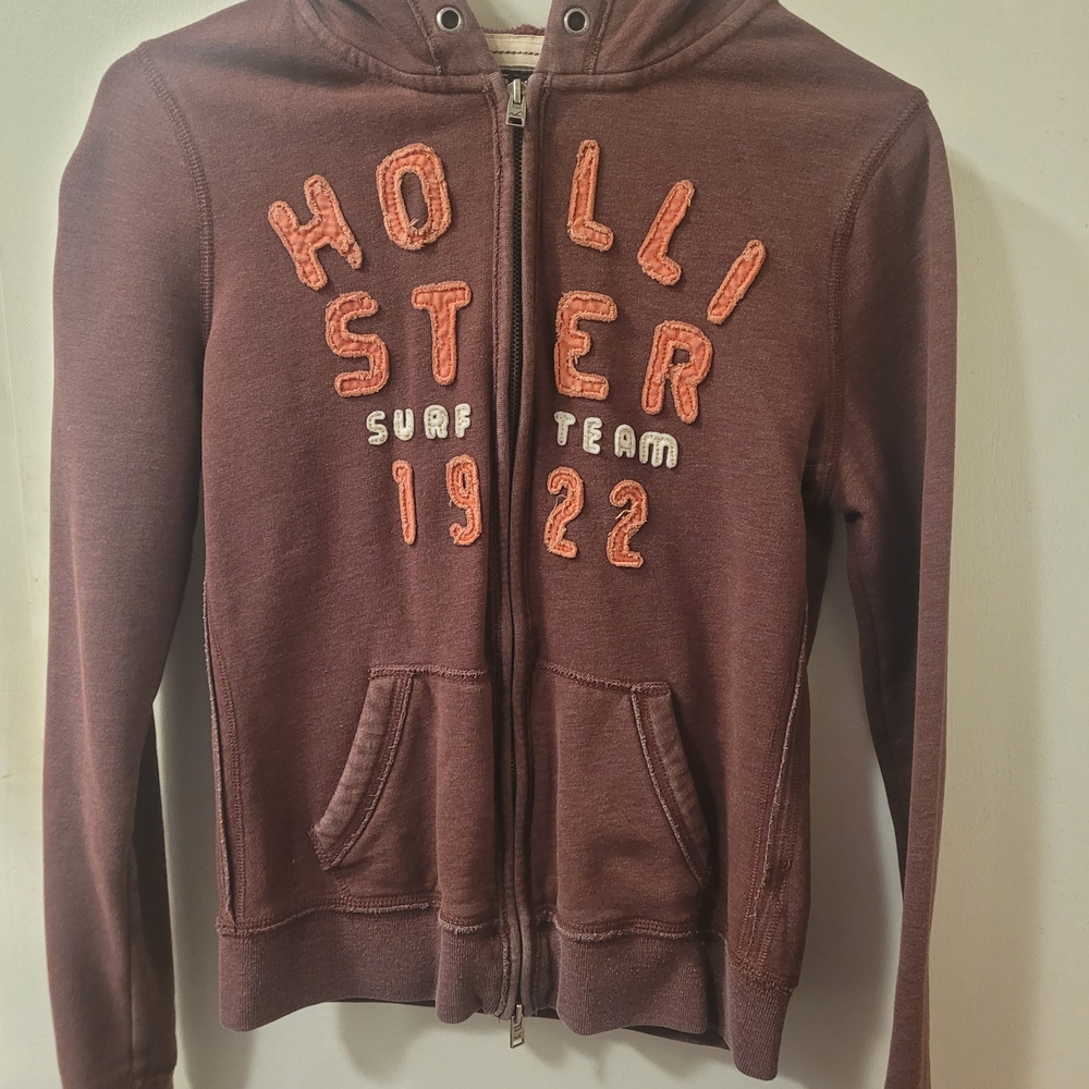 Hollister Maroon Hoodie with Orange and White Lettering
